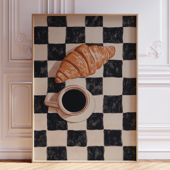 Checkered Coffee And Croissant Print Funky Food Drink Poster Cup Wall Art Retro Kitchen