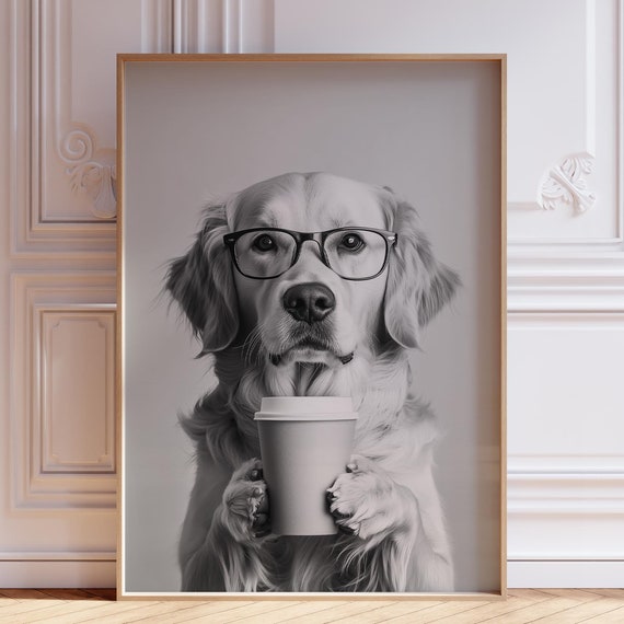 Dog With Coffee Print Golden Retriever Poster Animal Drinking Funny