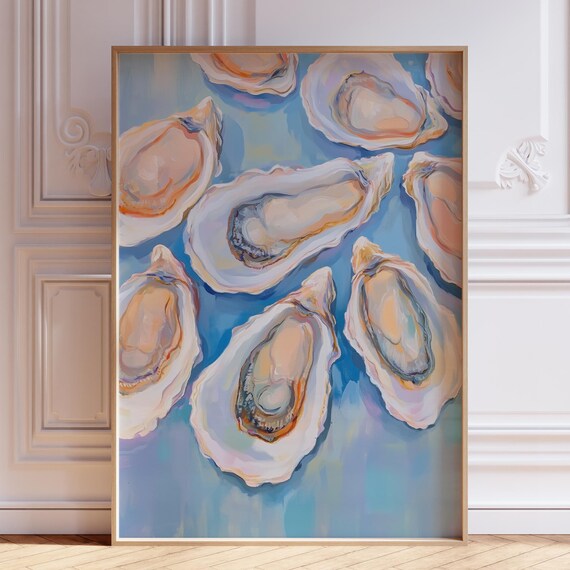 Pastel Oyster Shells on a Soft Blue Background Coastal Kitchen Art Poster