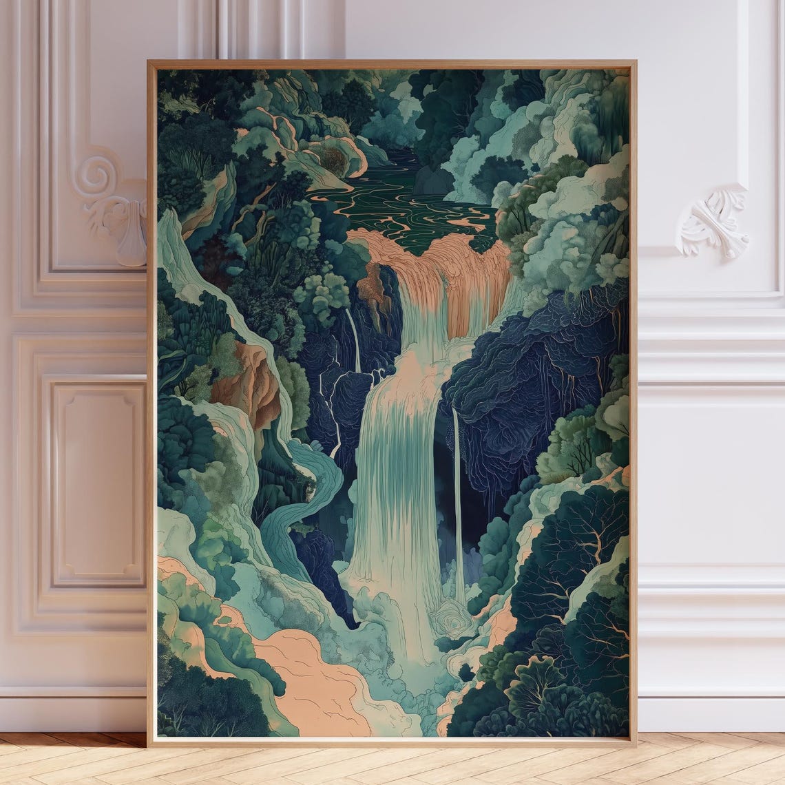 Japandi Terraced Cascades River Falls Zen Asian Landscape Wall Art