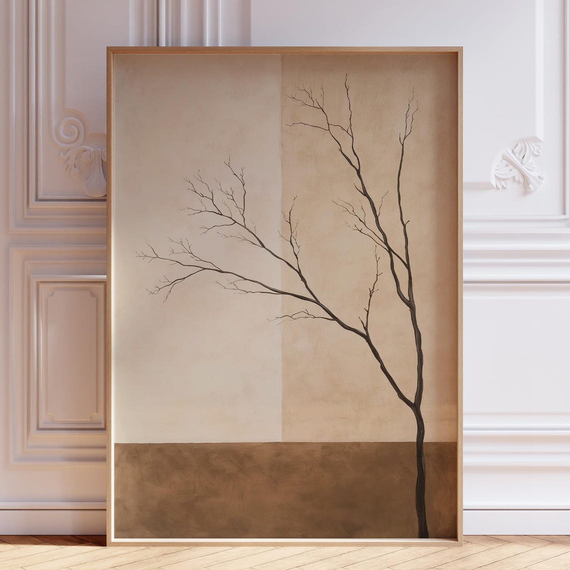 Sparse Winter Tree Branch Tan Panel Minimalist Japandi Art Poster