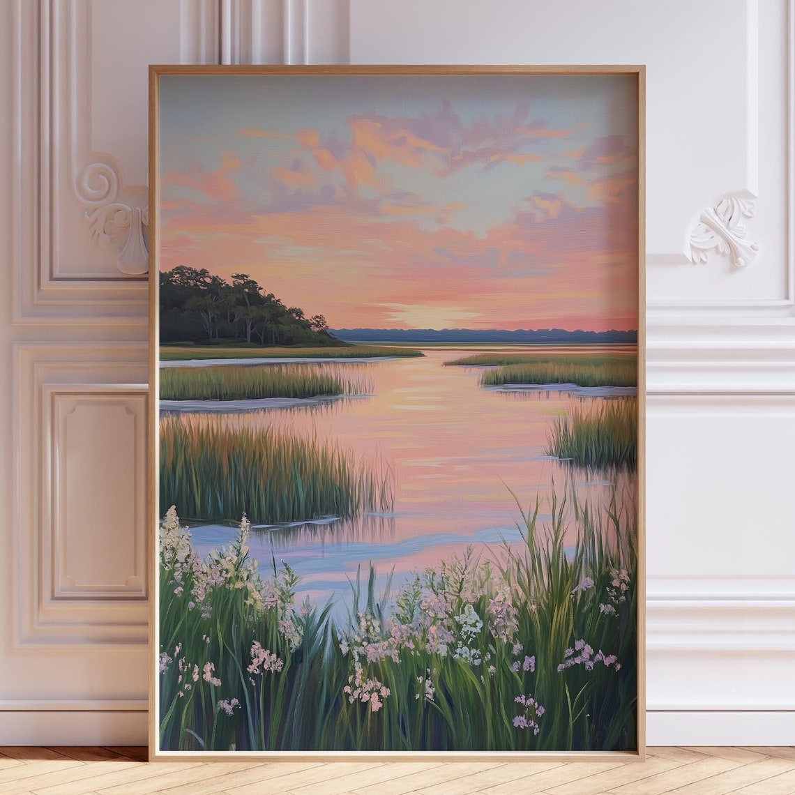Coastal Marsh Sunset Wetlands Pastel Sky Lagoon Painting Poster