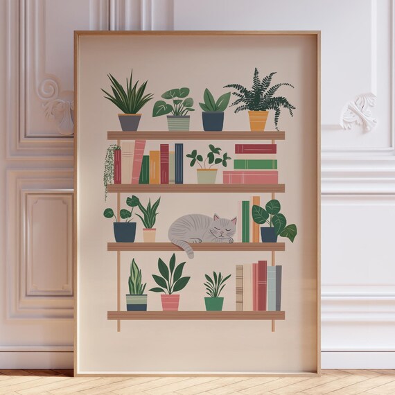 Grey Cat And Plants Poster Cute Book For Library Botanical Minimalist Plant Print Books Boho