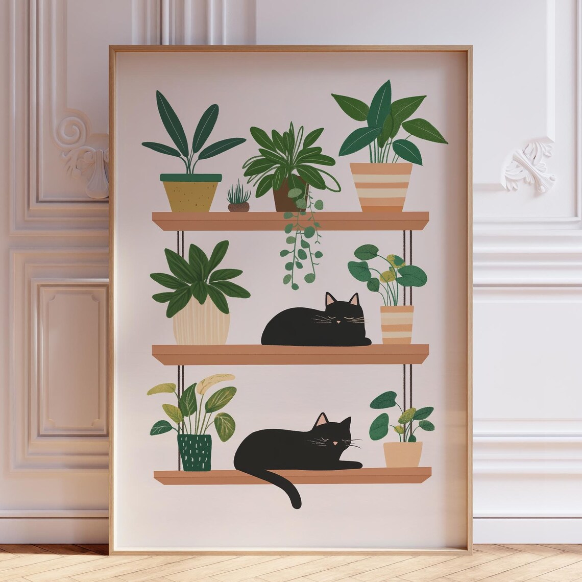 Two Black Cats Sleeping on Plant-Filled Wooden Bookshelf Poster