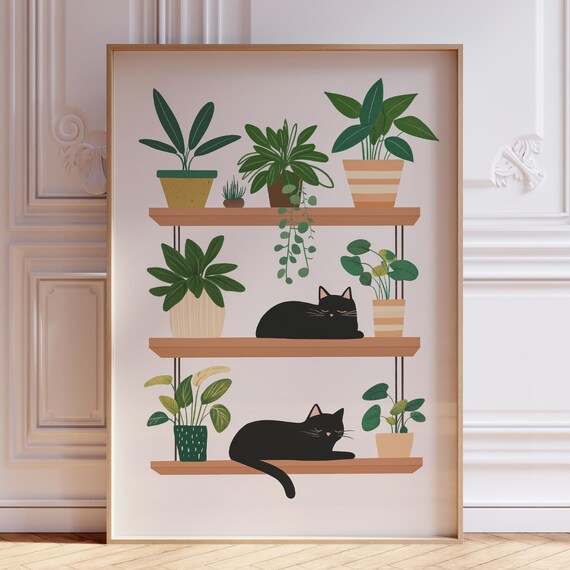 Cute Black Cat Poster Trendy And Plants Minimalist Plant Print House Art Cats