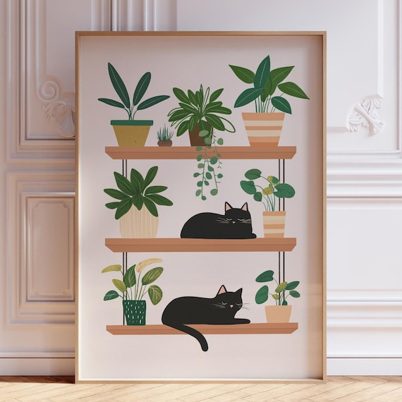 Two Black Cats Sleeping on Plant-Filled Wooden Bookshelf Poster