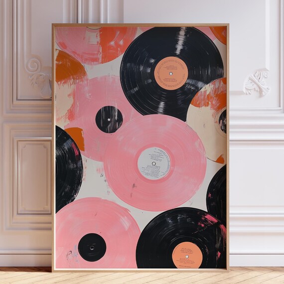 Pink Vinyl Records Painted Collage Music Room Decor Art Poster