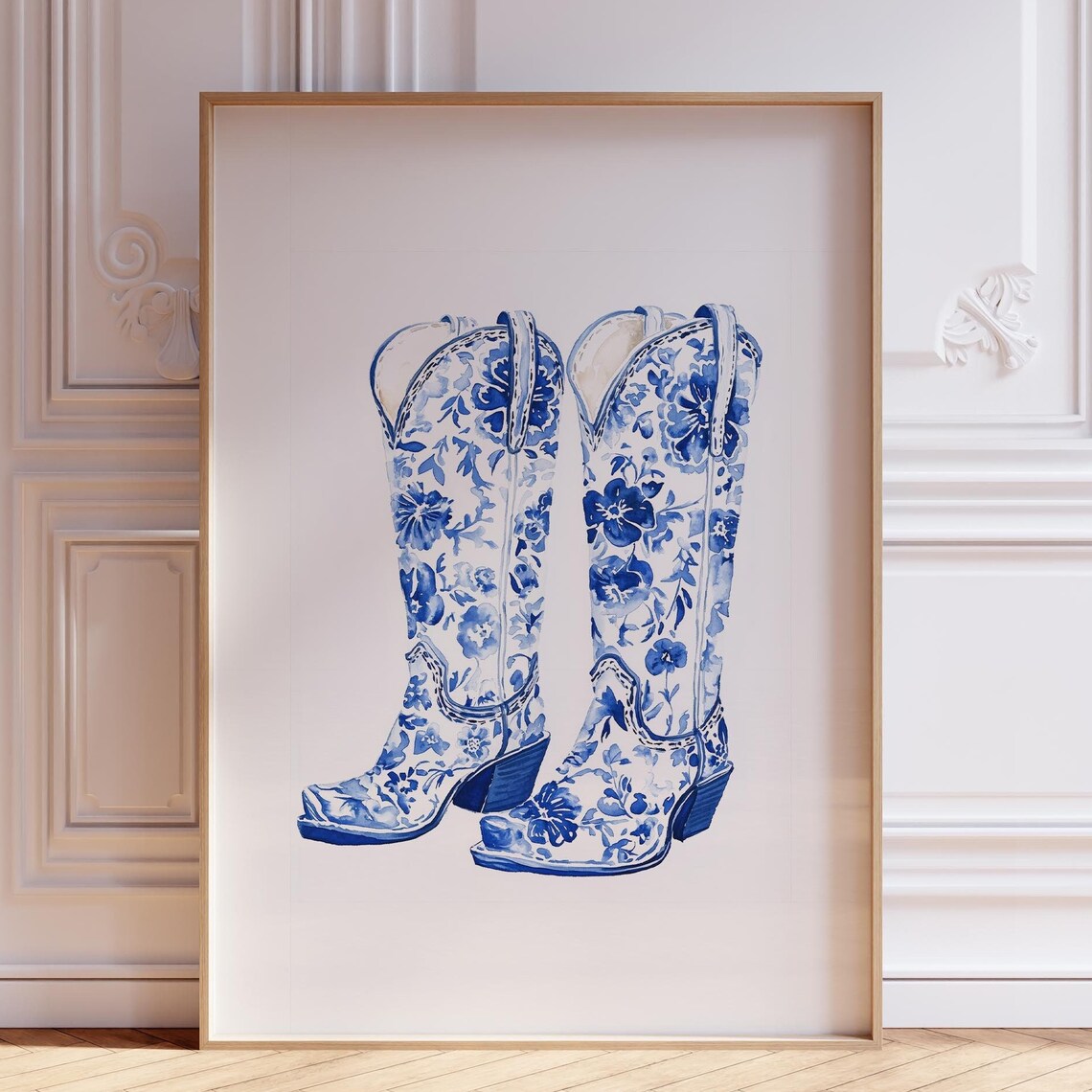 Blue Floral Chinoiserie Cowboy Boots Trendy Western Girl Poster