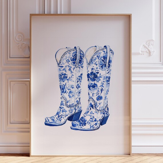 Blue Floral Cowboy Boots Watercolor Western Decor Art Poster