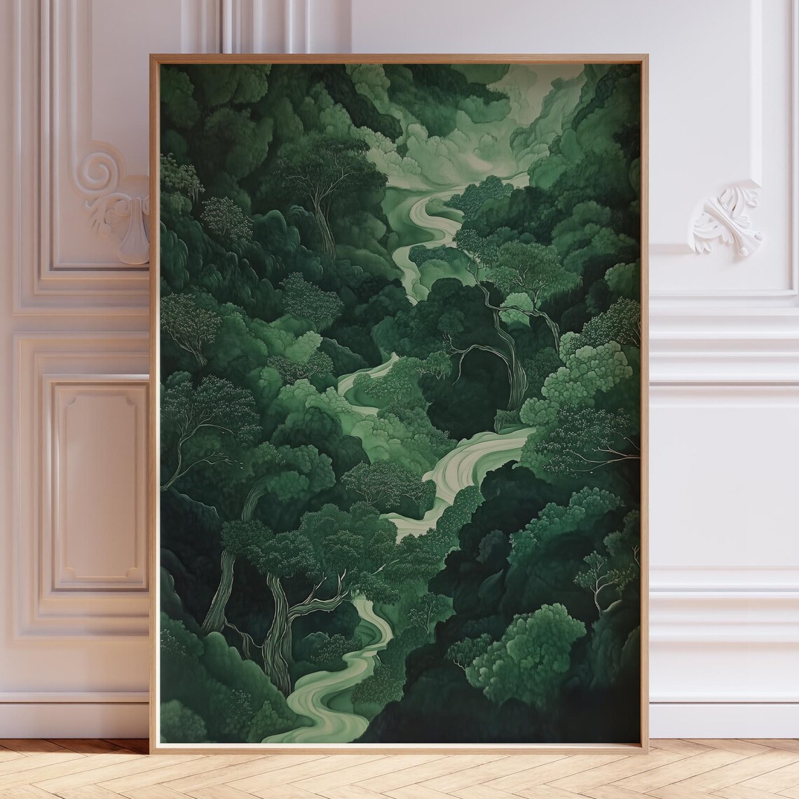 Dark Emerald Forest Canopy Over Pale River Japandi Zen Art Poster