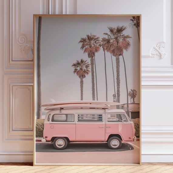 Pink Vintage Surf Van with Surfboards Under Palm Trees Beach Photo Poster