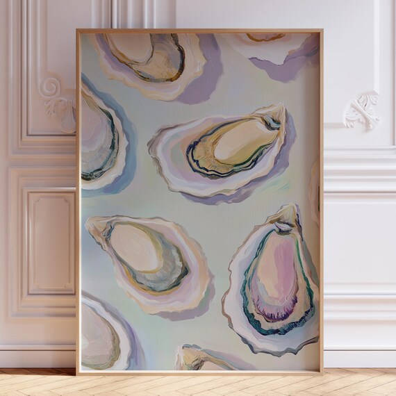 Pastel Oyster Shell Painting Poster Coastal Blue Pink Kitchen Art