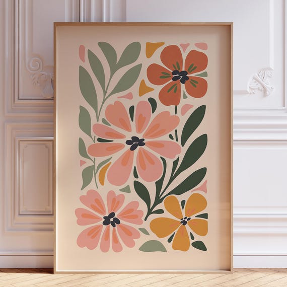 Retro Floral Print Flower Market Terracotta Wall Art Boho Abstract