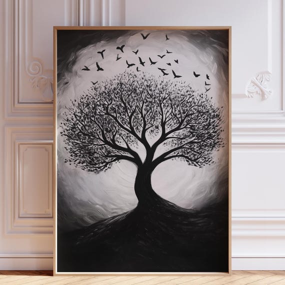 Black And White Tree Of Life Wall Art Print Moody Spiritual Painting Vertical