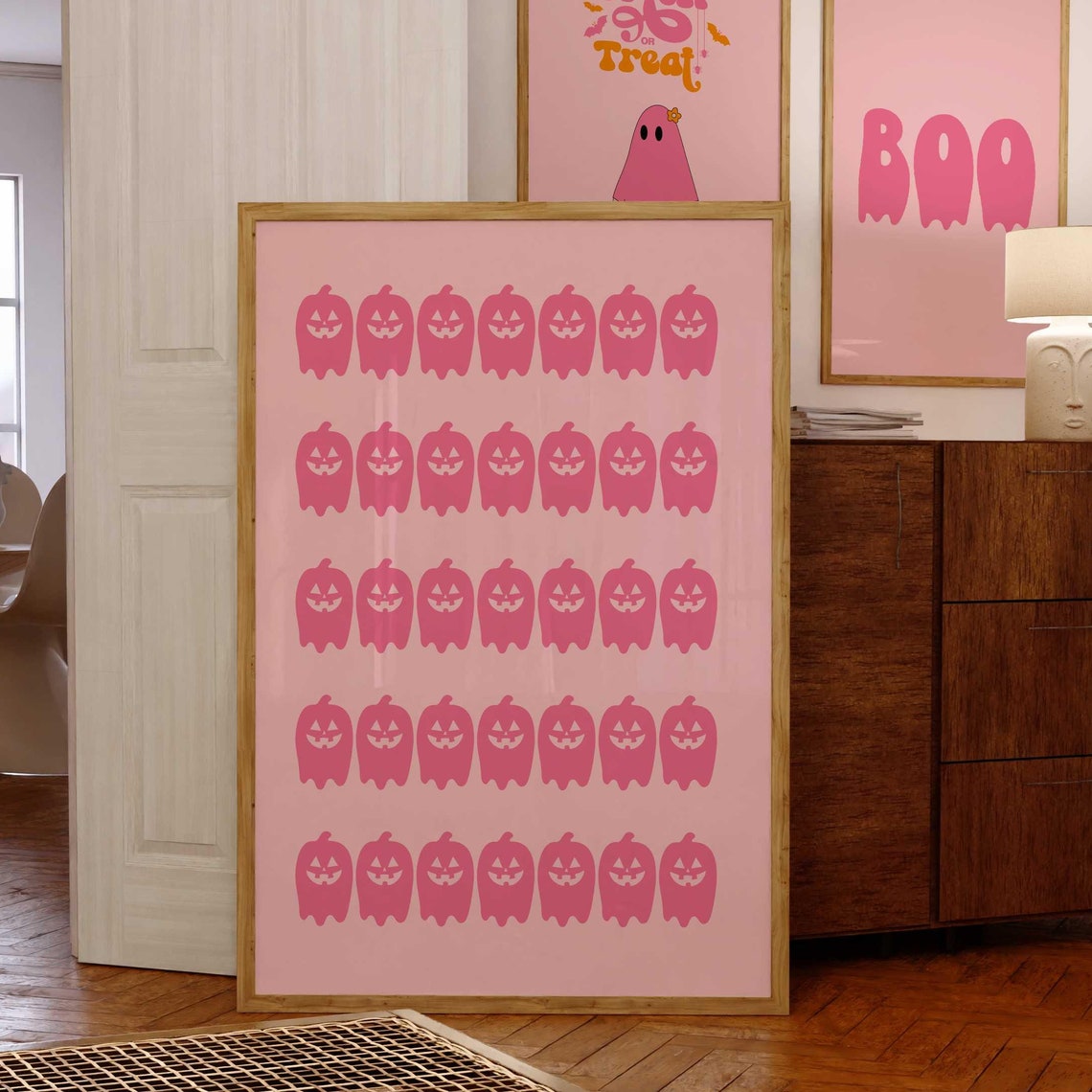 Cute Pink Jack O Lantern Pumpkins Halloween Party Wall Poster