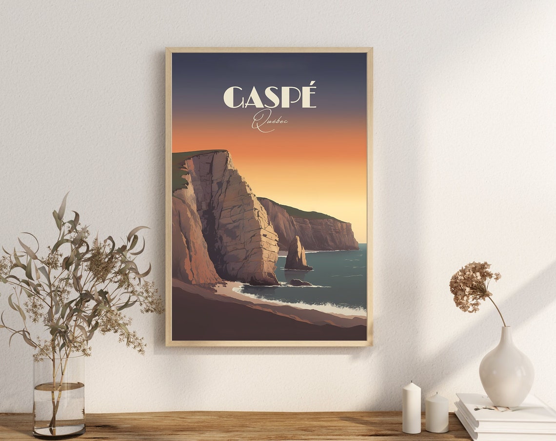 Gaspe Quebec Perce Rock Sunset Cliffs Vintage Coastal Travel Poster