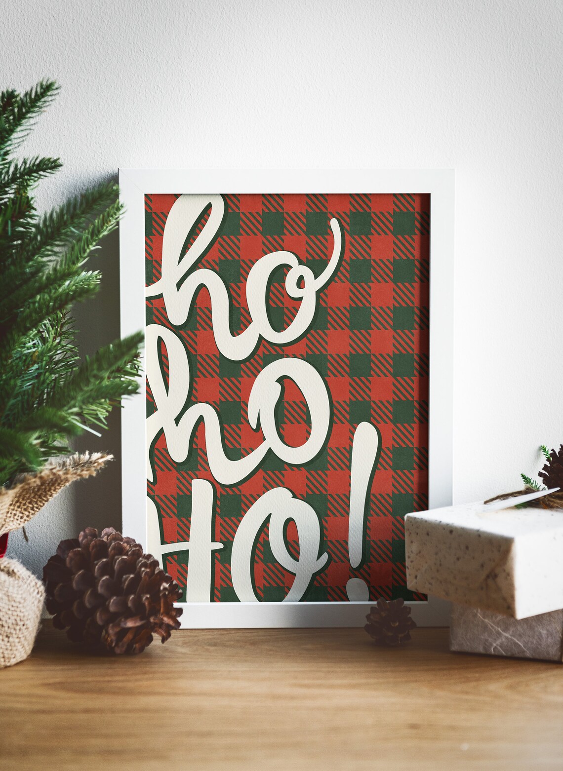 Festive Ho Ho Ho Script on Red and Green Buffalo Plaid Christmas Wall Art