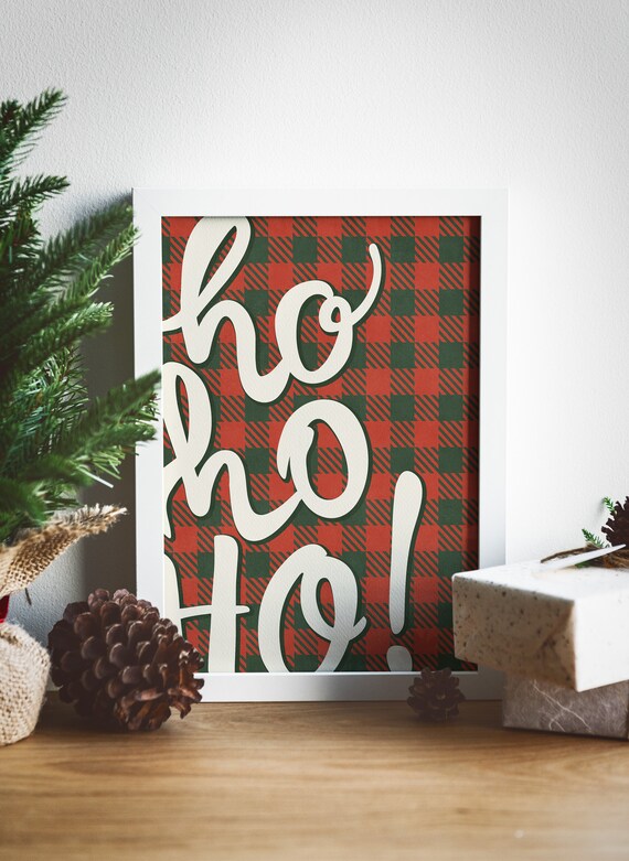 Festive Ho Ho Ho Script on Red and Green Buffalo Plaid Christmas Wall Art
