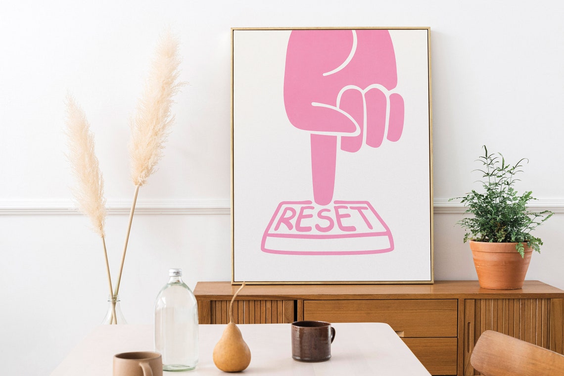Pink Hand Pressing Reset Button Minimalist Motivational Art Print - Image 3