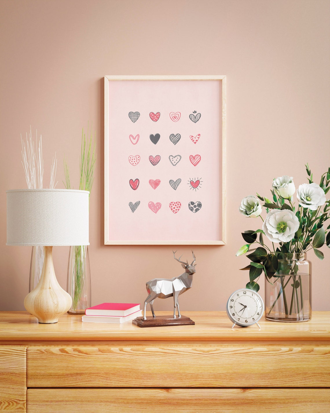 Hand Drawn Doodle Hearts Grid Pink Valentine Pattern Sweet Poster - Image 3