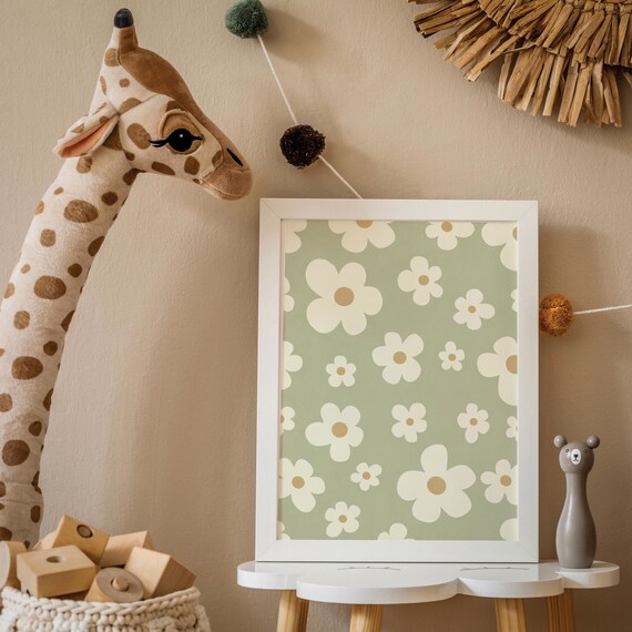 Sage Green Retro Daisy Floral Pattern Nursery Room Wall Print