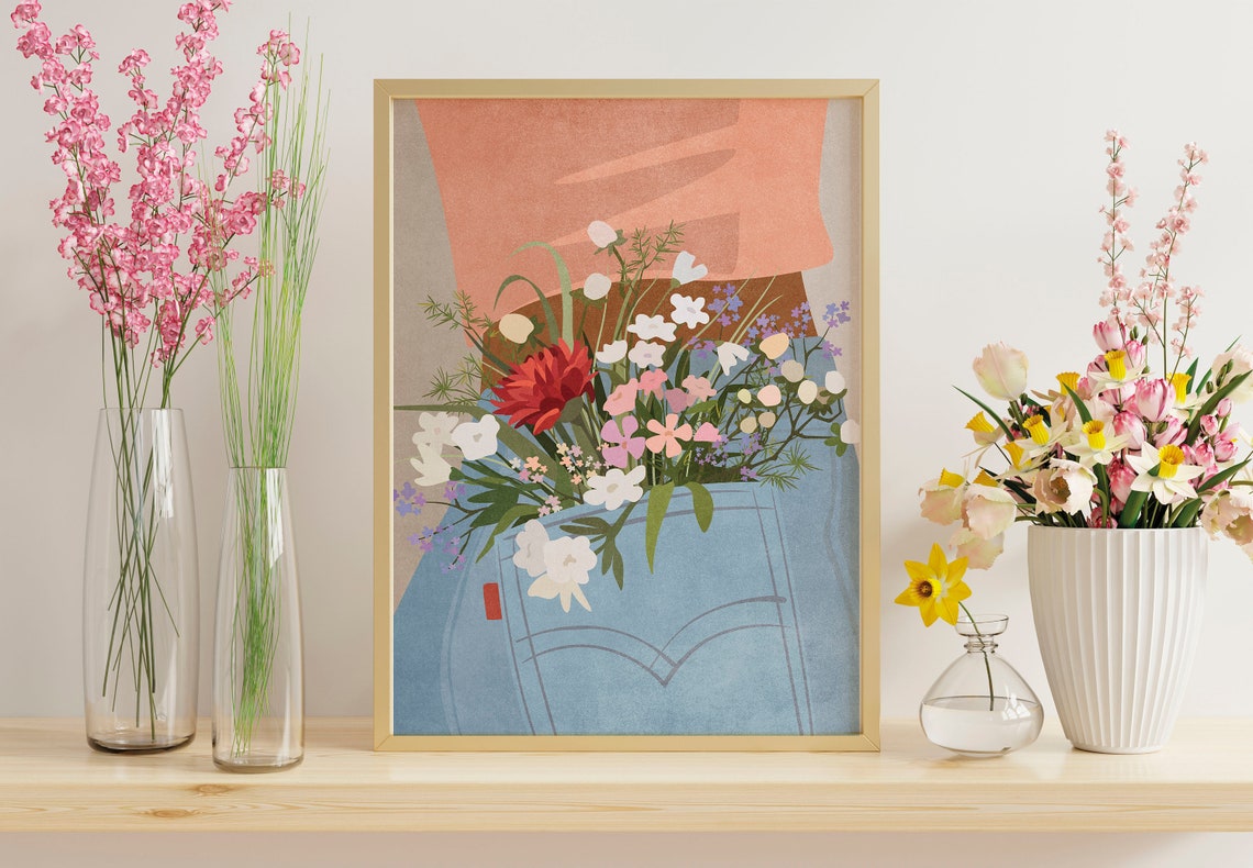 Wildflowers Overflowing From Denim Pocket Boho Botanical Poster - Image 3