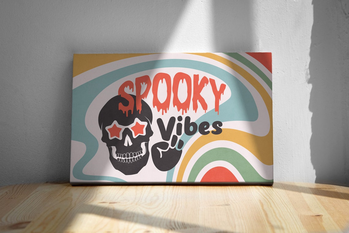 Spooky Vibes Retro Rainbow Skull Star Shades Halloween Canvas Print - Image 2