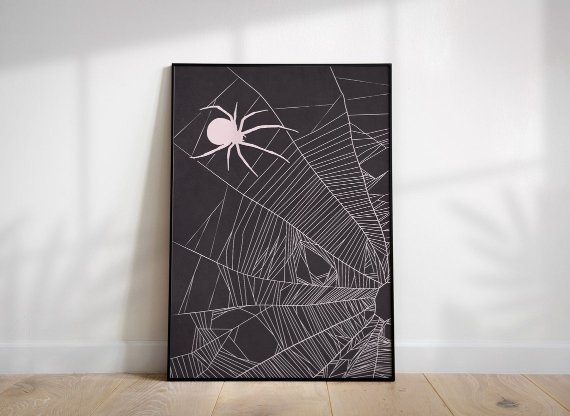 Moody Pink Spider Crawling on a Stark Black Web Halloween Wall Art - Image 2