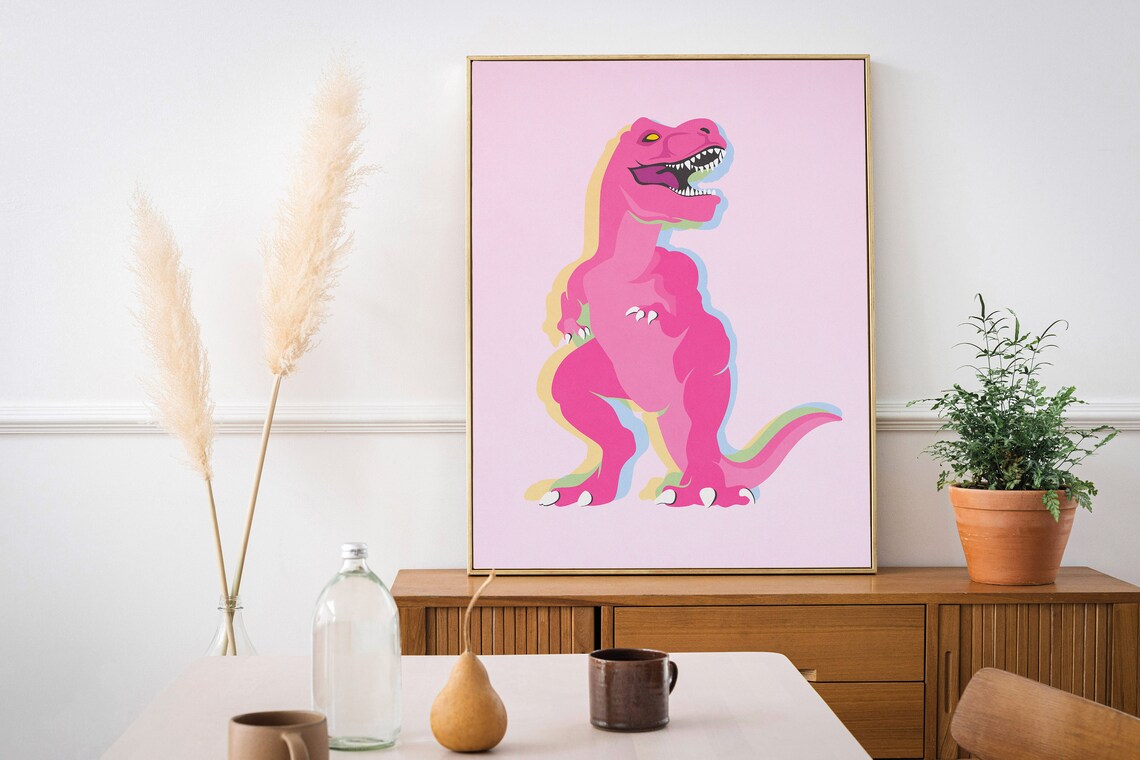 Pink Minimalist Dinosaur Art Print, Kids Room Decor - Image 2