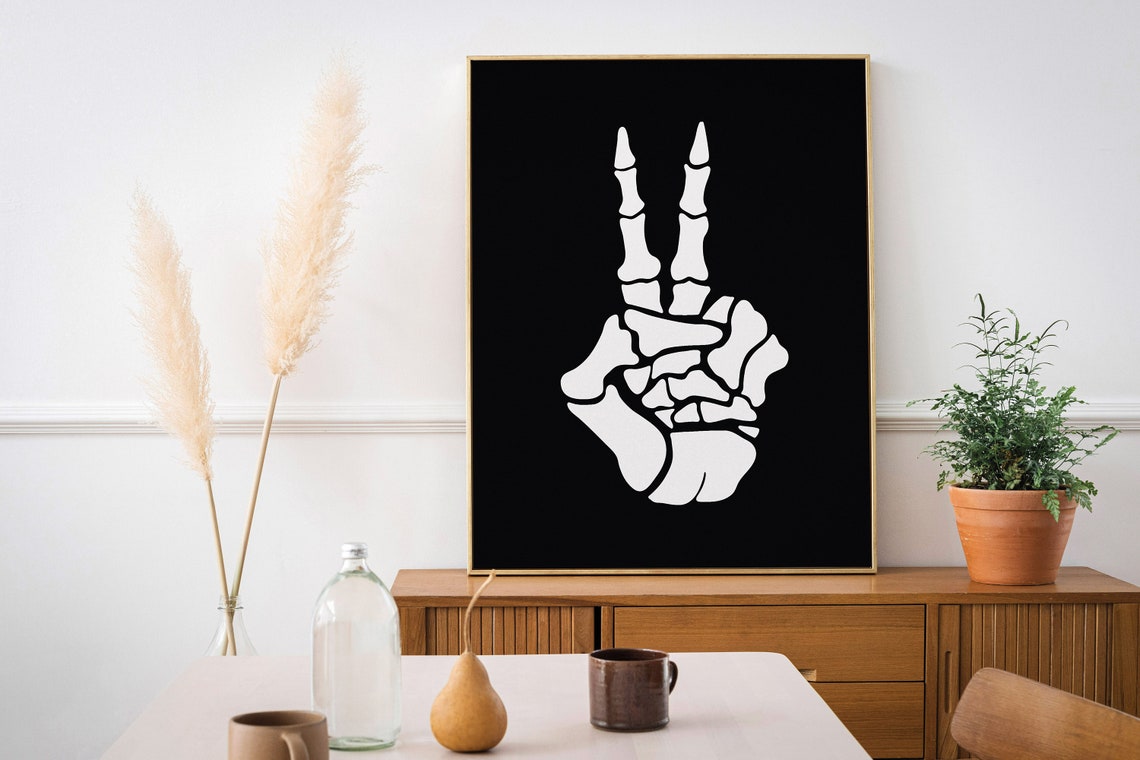 Skeleton Hand Peace Sign Black Minimal Graphic Halloween Poster - Image 3