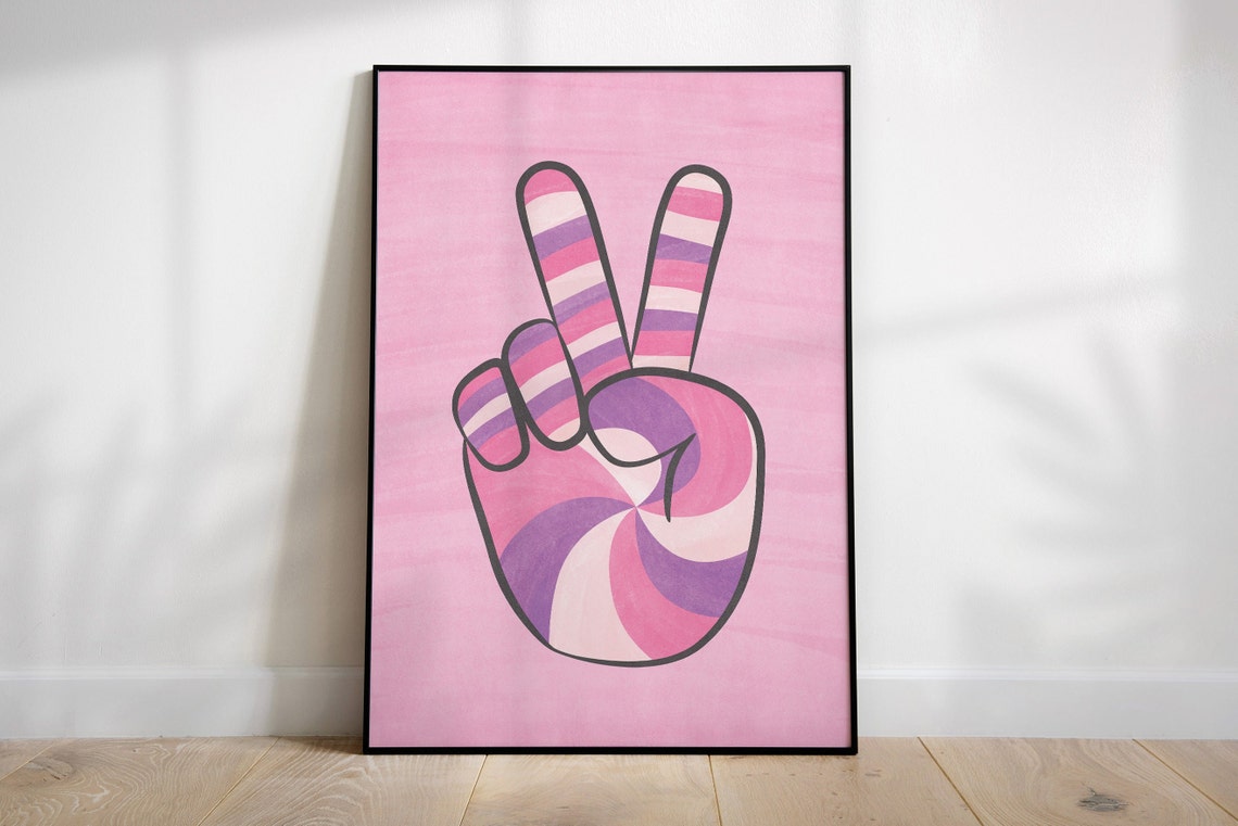 Pink Peace Sign Hand Poster With Pastel Striped Retro Dorm Decor Art - Image 2