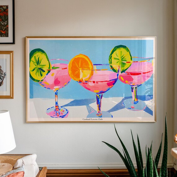 Cocktail Lovers Club Three Pink Citrus Drinks Vibrant Bar Art Poster