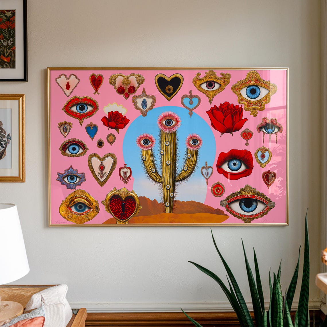 Surreal Cactus Eye Charms Pink Desert Evil Eye Maximalist Art Poster