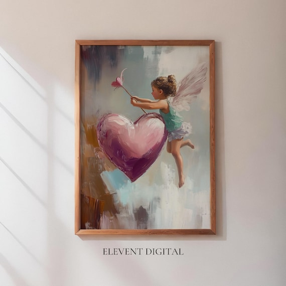 Fairy Girl Giant Pink Heart Balloon Whimsical Fantasy Art Poster