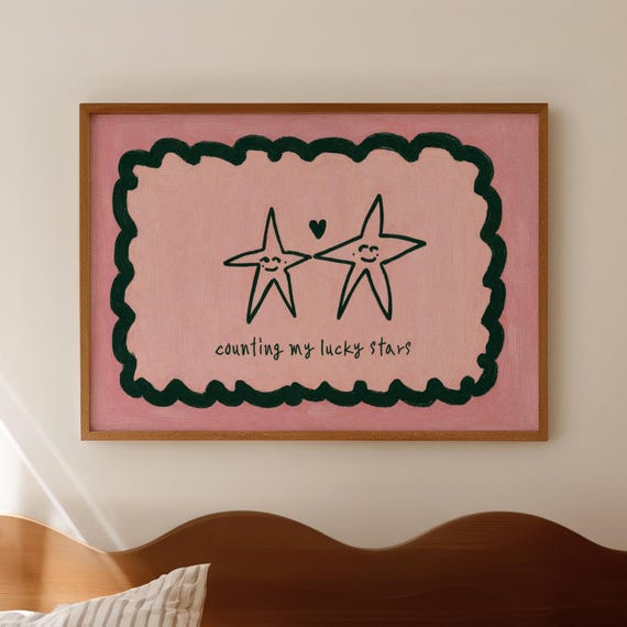 Counting My Lucky Stars Pink Bed Print Horizontal Above Wall Art Hand Drawn Mid Century Bedroom Poster Retro Stay In Oil Painting