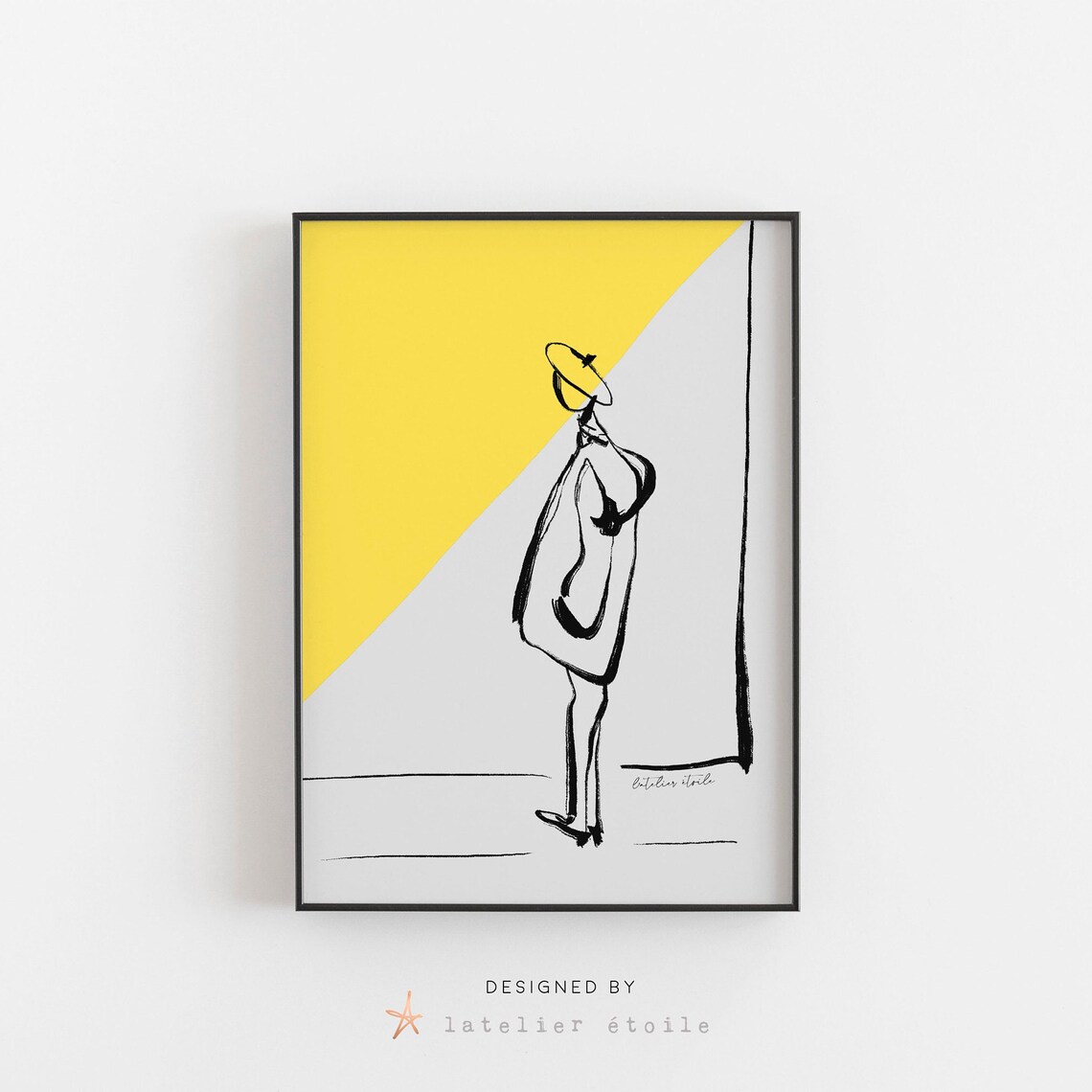 Parisian Woman Yellow Color Block Minimalist Fashion Line Art Poster