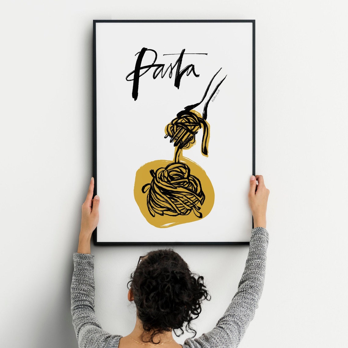 Pasta Hand Lettered Spaghetti Fork Mustard Yellow Kitchen Poster - Image 3