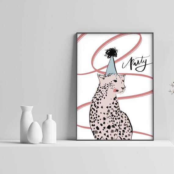 Party Leopard Wearing Party Hat Pink Nursery Animal Illustration Poster
