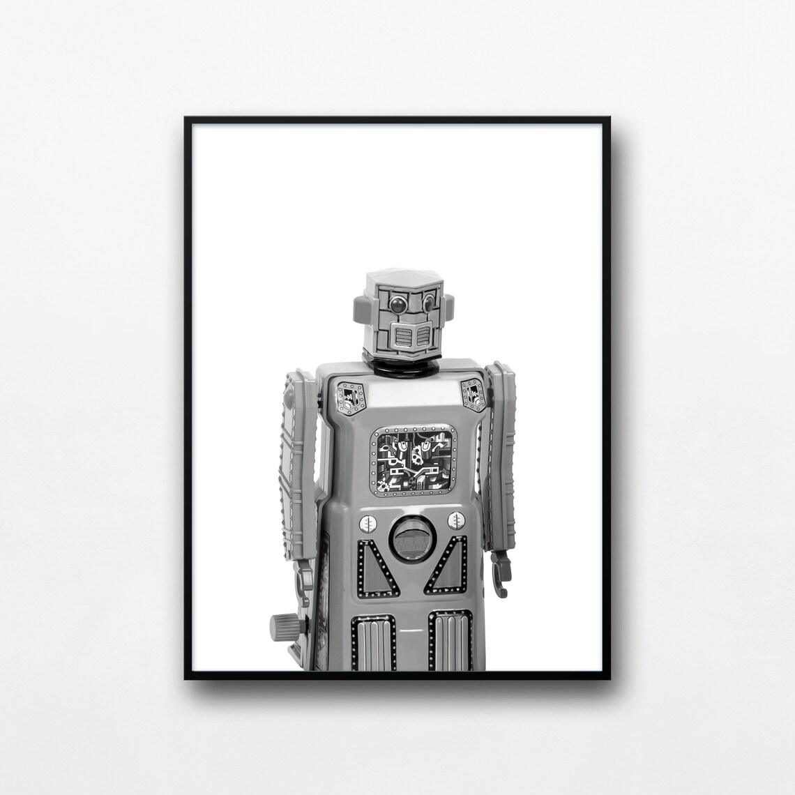 Silver Retro Tin Robot Toy Black White Photo Kids Room Poster