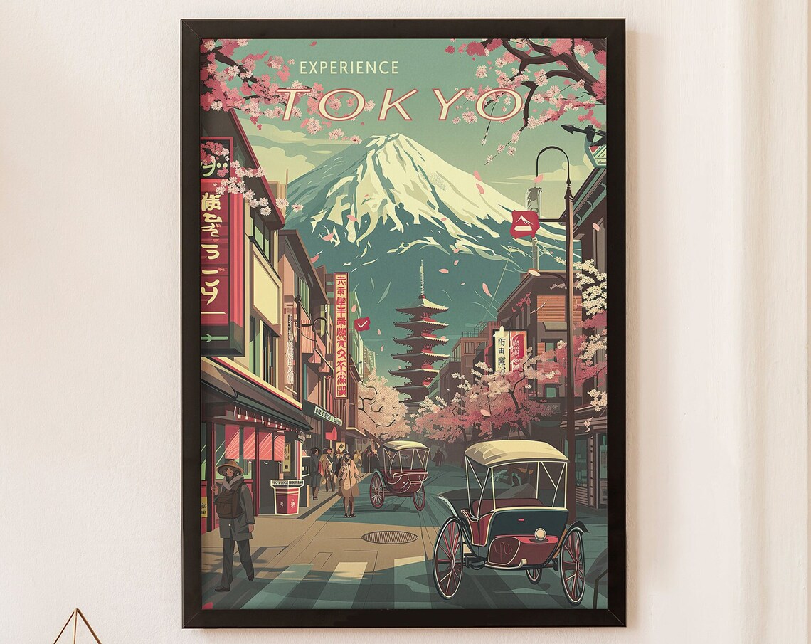 Retro Experience Tokyo Mt Fuji Sakura Street Rickshaws Travel Poster