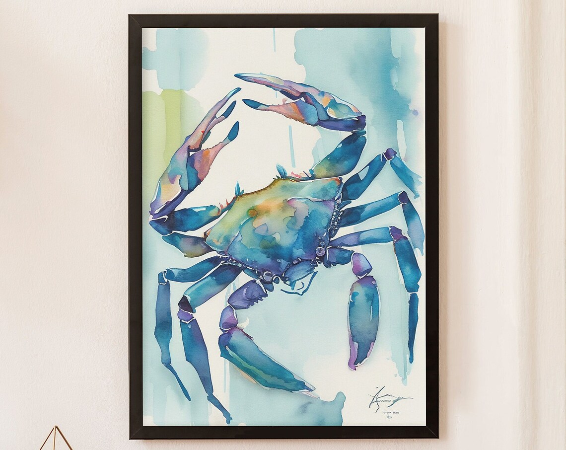 Blue Crab Watercolor Painting Coastal Sea Life Nautical Art Poster