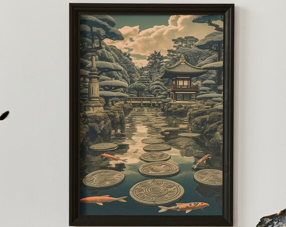 Vintage Woodblock Print Of An Asian Garden Koi Pond Poster Print At Home Wall Art Wall Art Print Instant Art
