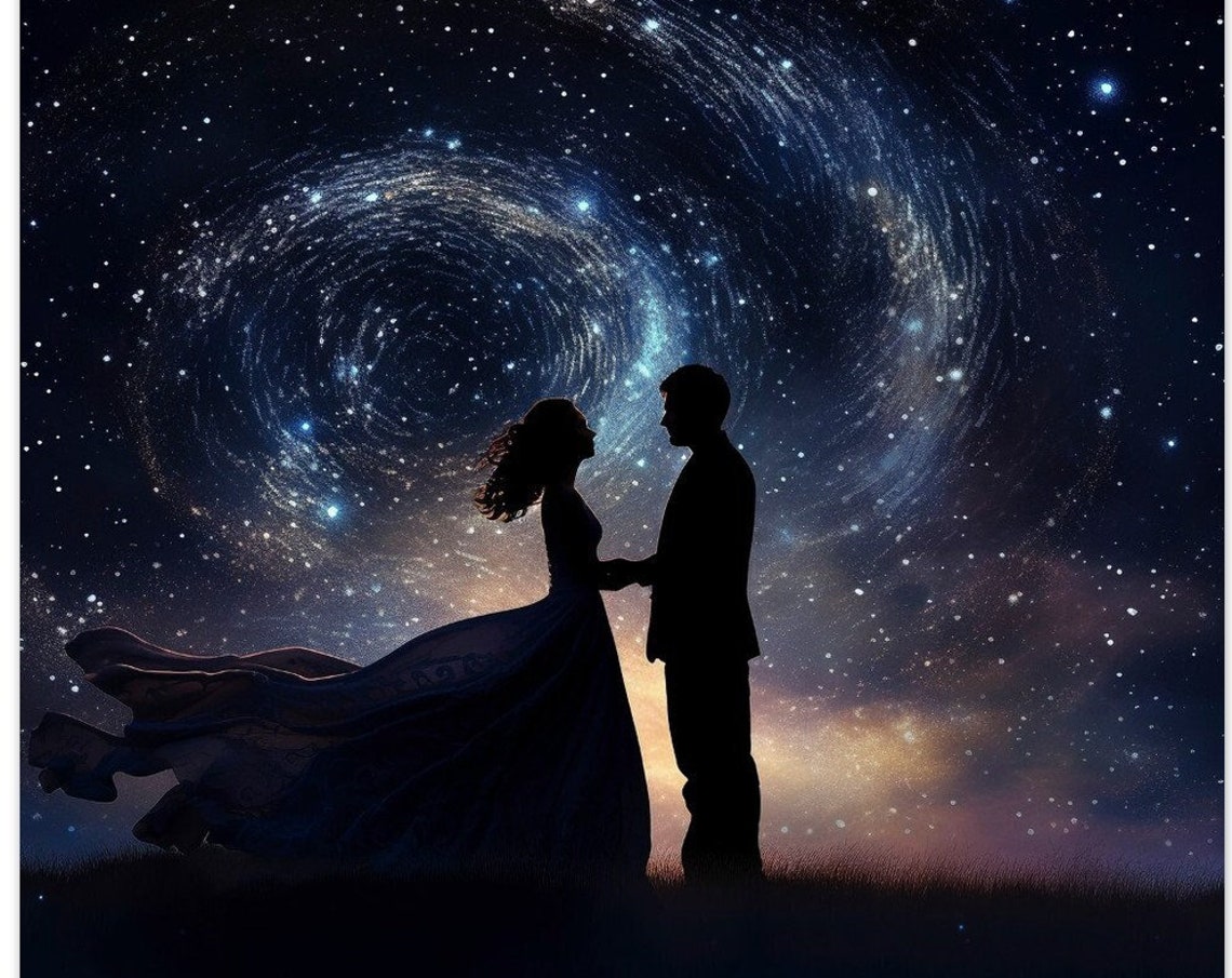 Romantic Couple Silhouette Blue Galaxy Starry Night Sky Love Poster