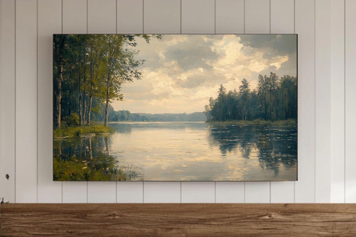 Serene Mirrored Lake and Trees Vintage Oil Painting Landscape Poster