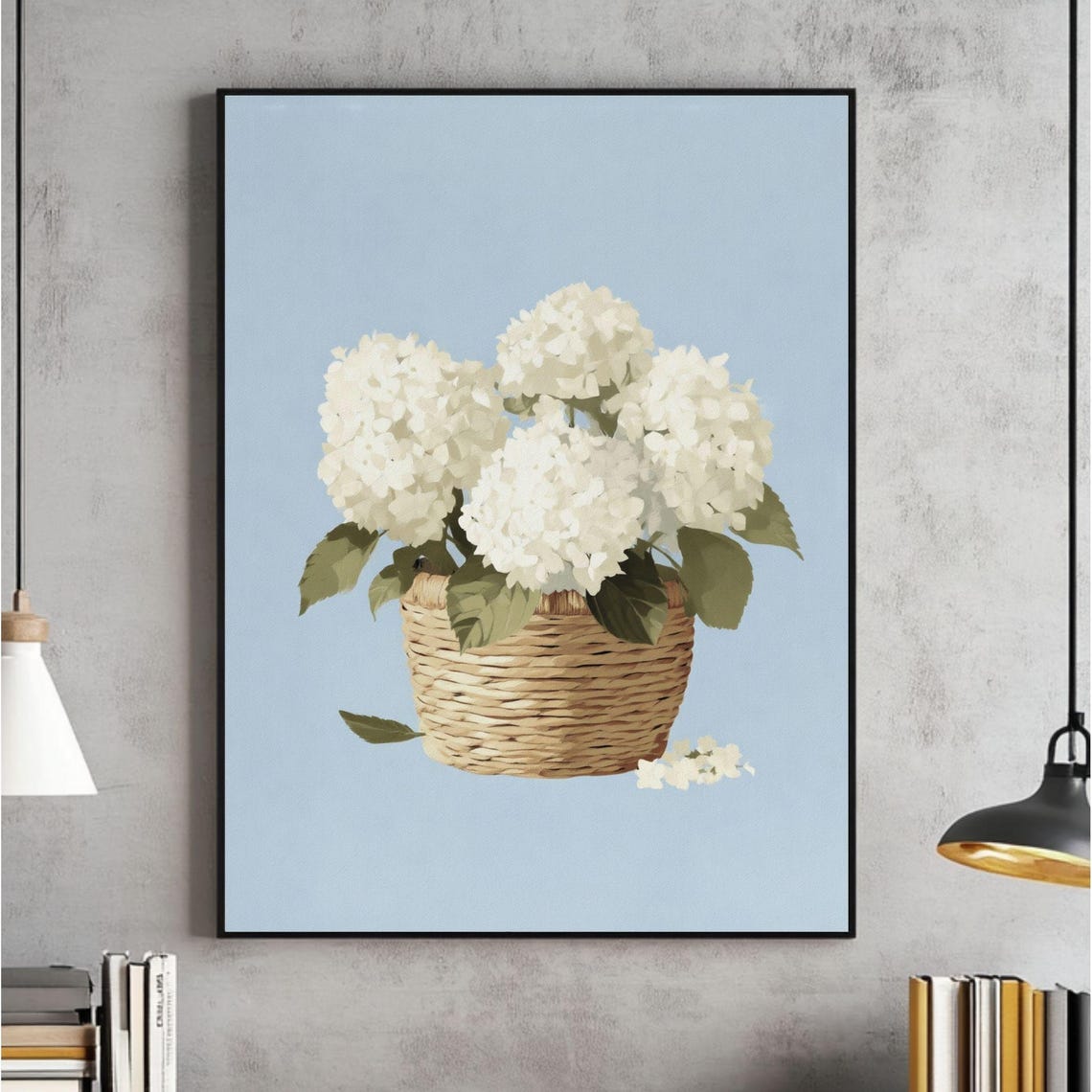 White Hydrangeas in Woven Wicker Basket on Light Blue Poster