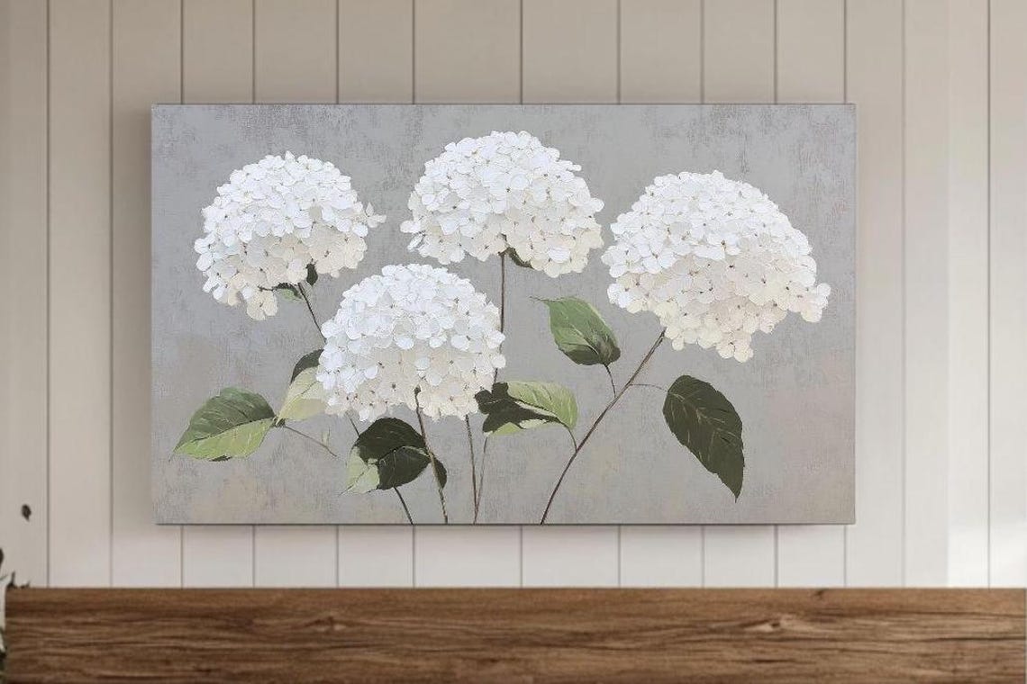 White Hydrangea Blooms Gray Background Summer Floral Wall Poster