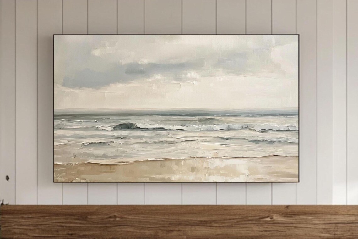 Muted Beige Coastal Seascape Ocean Waves Neutral Beach Wall Art