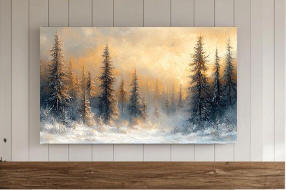 Golden Dawn Snowy Pine Forest Winter Landscape Painting Poster