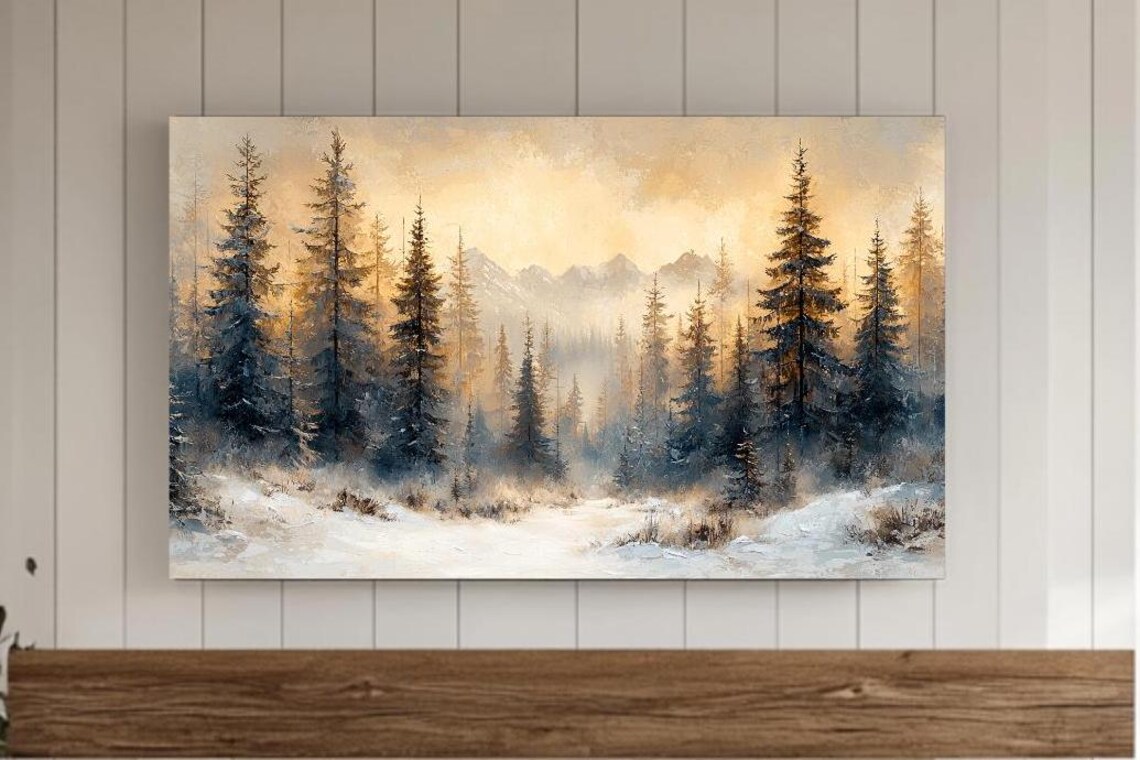 Winter Pine Forest Snow Golden Mist Mountain Landscape Painting Wall Art