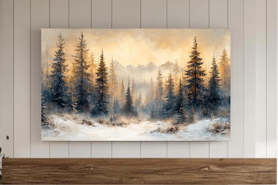 Winter Pine Forest Snow Golden Mist Mountain Landscape Painting Wall Art